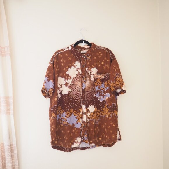 We The Free People Brown Good Vibes Button Down Short Sleeve Shirt sz M - Picture 3 of 8